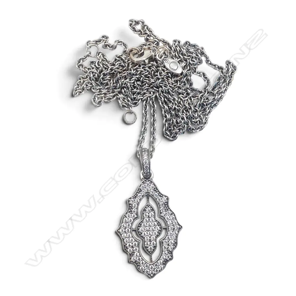 PANDORA LONG SILVER CHAIN & CUBIC ZIRCONIA PENDANT. L.600mm can be extended Image 1++