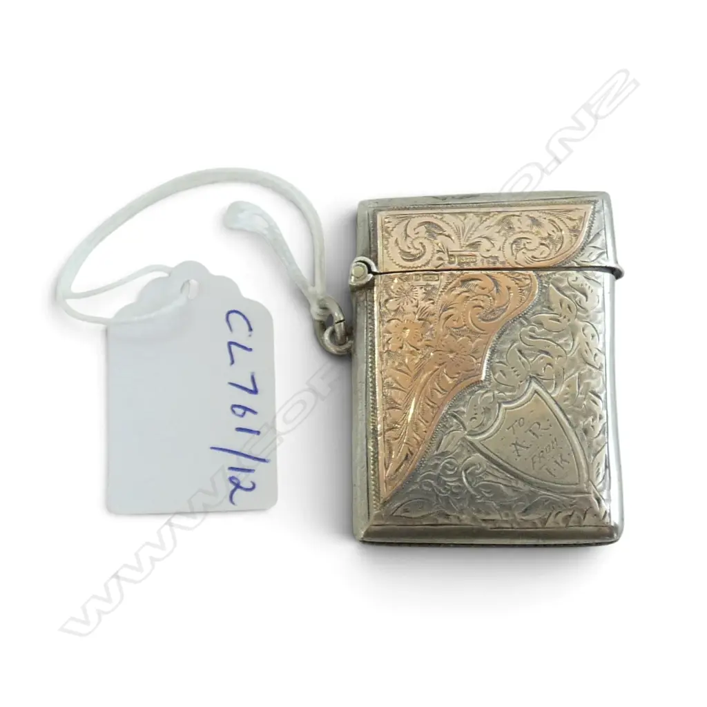 Stg Silver & 9ct Gold Engraved Vesta, Stamped 9 .375 to Gold, Chester 1907, 28.9gms, L.50mm Image 1++