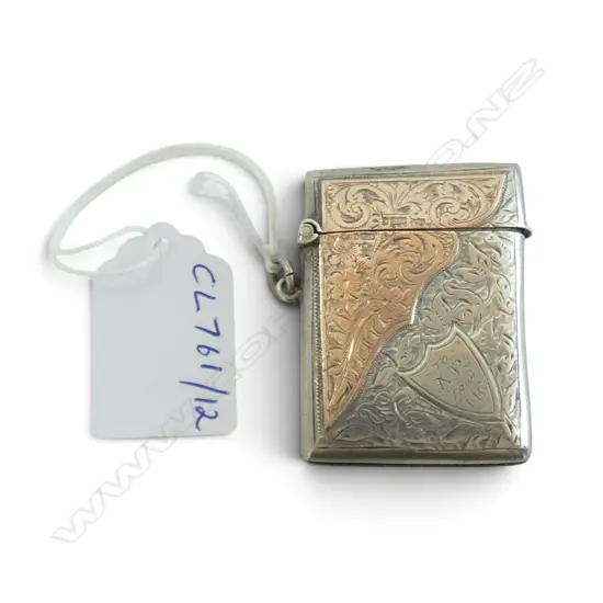 Stg Silver & 9ct Gold Engraved Vesta, Stamped 9 .375 to Gold, Chester 1907, 28.9gms, L.50mm