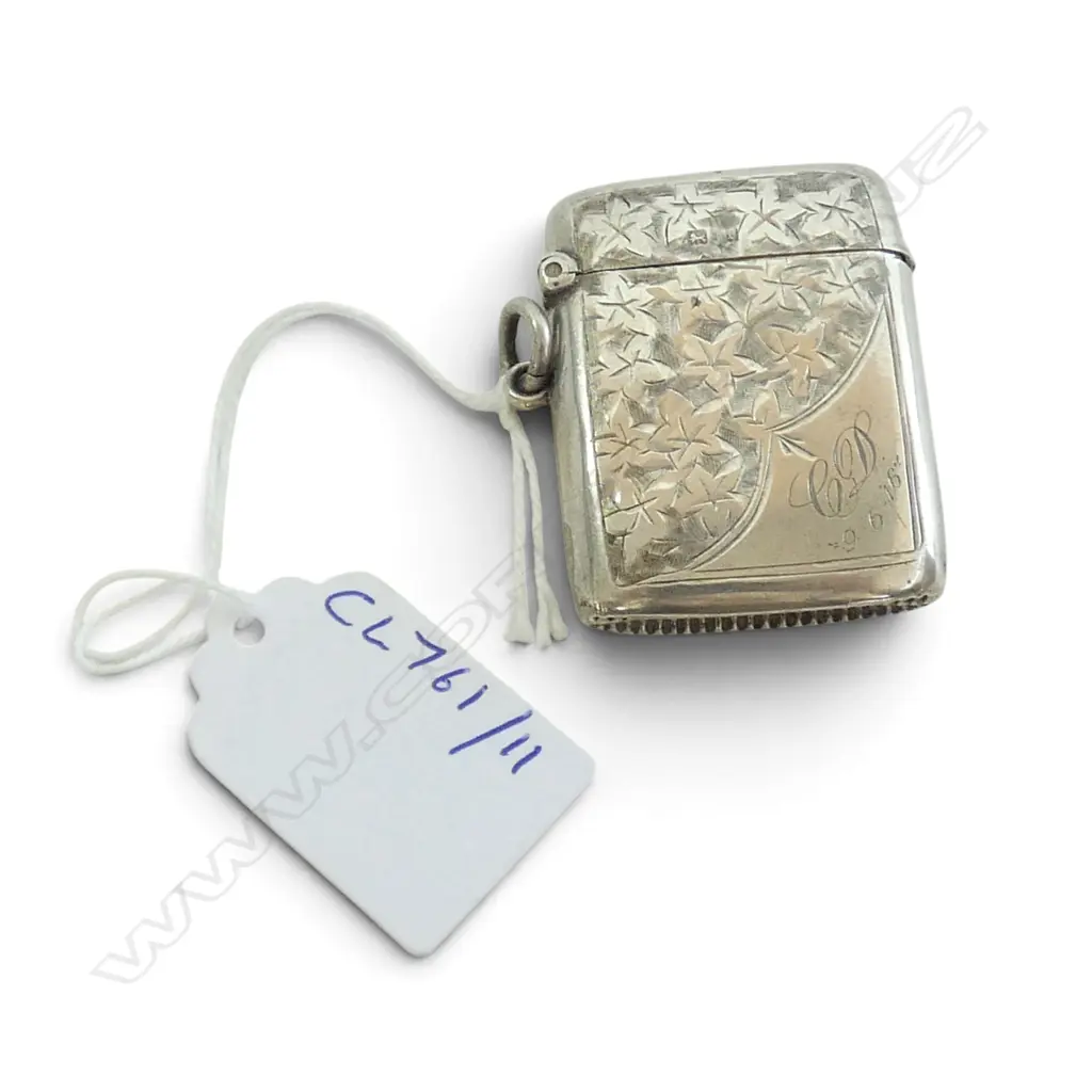 Stg Silver Engraved Vesta, Gilt Interior, Birmingham 1910, 19.7gms, L.45mm Image 1++