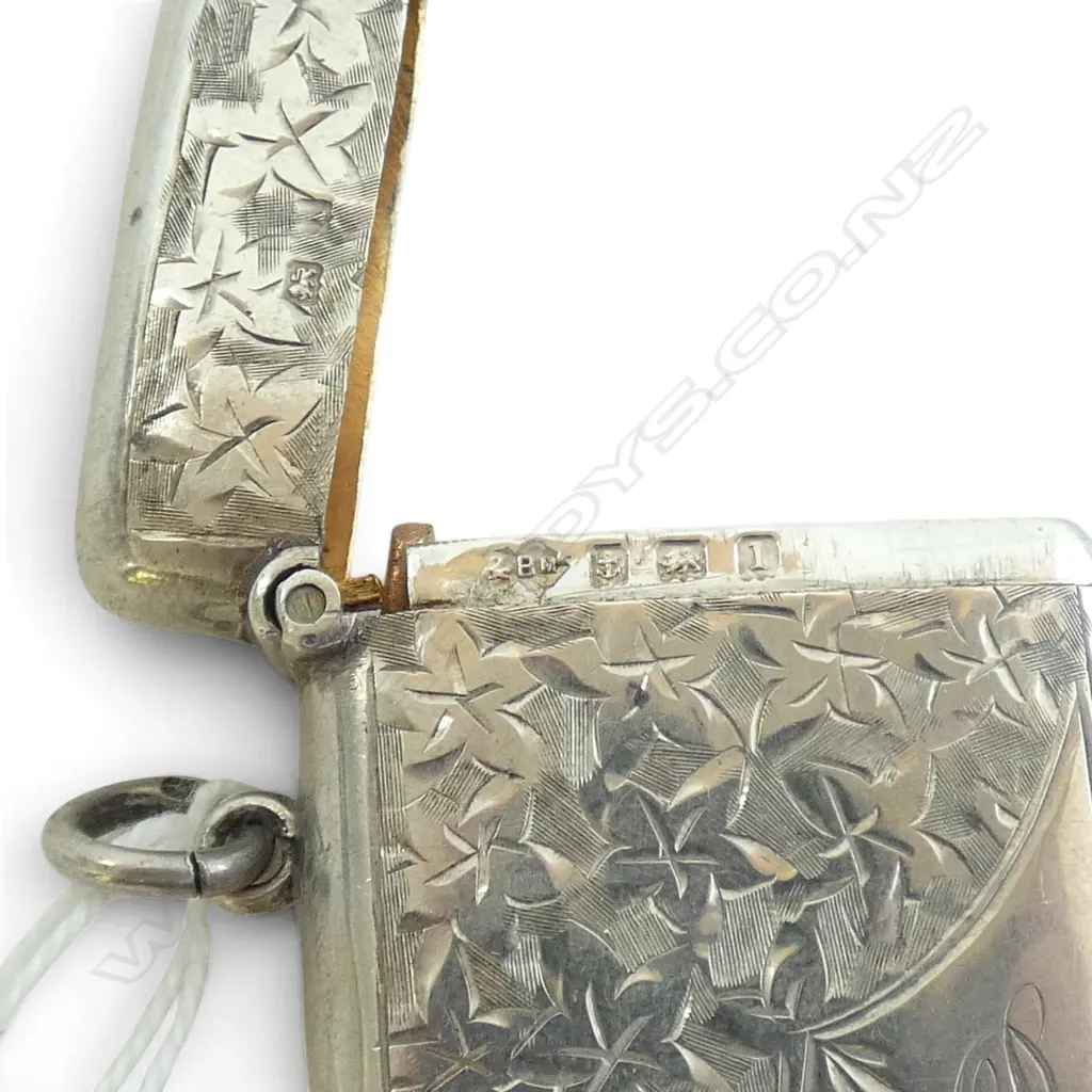 Stg Silver Engraved Vesta, Gilt Interior, Birmingham 1910, 19.7gms, L.45mm Image 1++