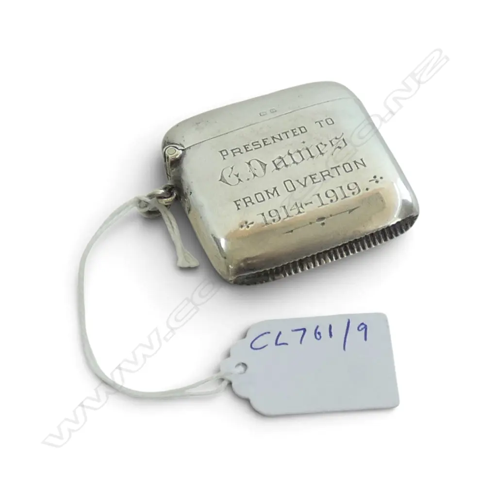 Stg Silver Vesta, Gilt Interior, Presentation Engraving, B'Ham 1919, 38gms, L.50mm Image 1++