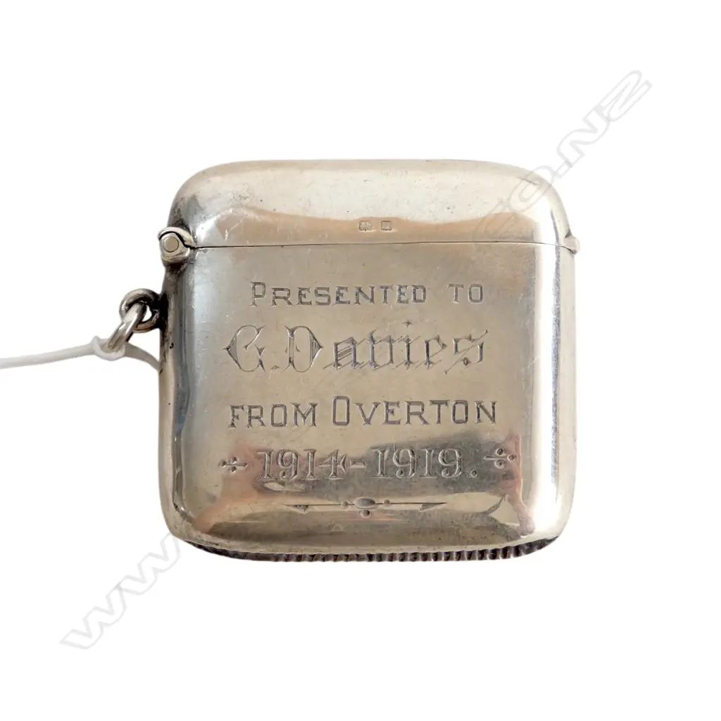 Stg Silver Vesta, Gilt Interior, Presentation Engraving, B'Ham 1919, 38gms, L.50mm Image 1++