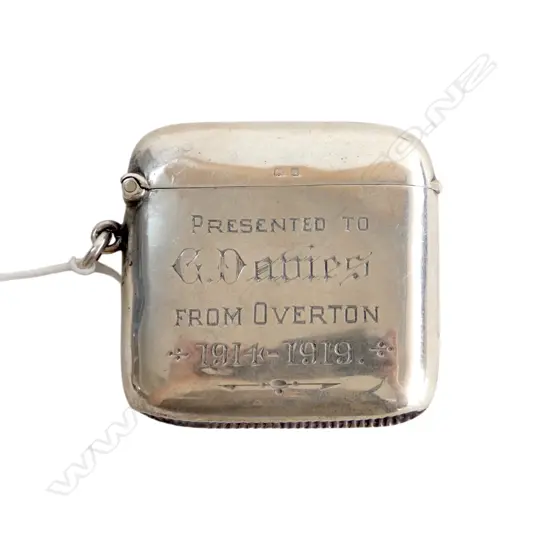 Stg Silver Vesta, Gilt Interior, Presentation Engraving, B'Ham 1919, 38gms, L.50mm