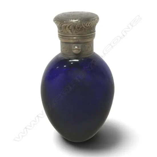 BLUE GLASS FLASK silver plated top H.90mm