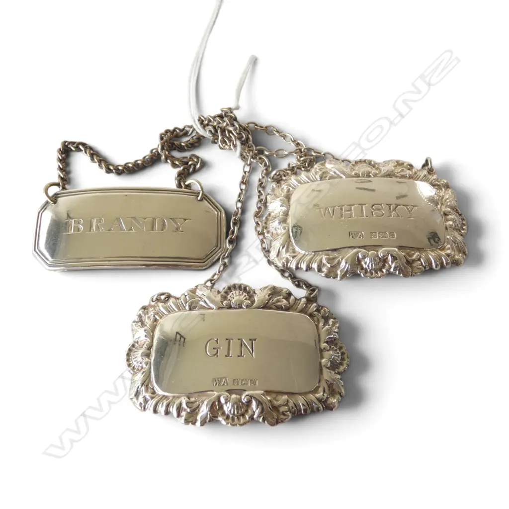 3 STG SILVER DECANTER LABELS; WHSIKEY, GIN & BRANDY, 38gms Image 1++