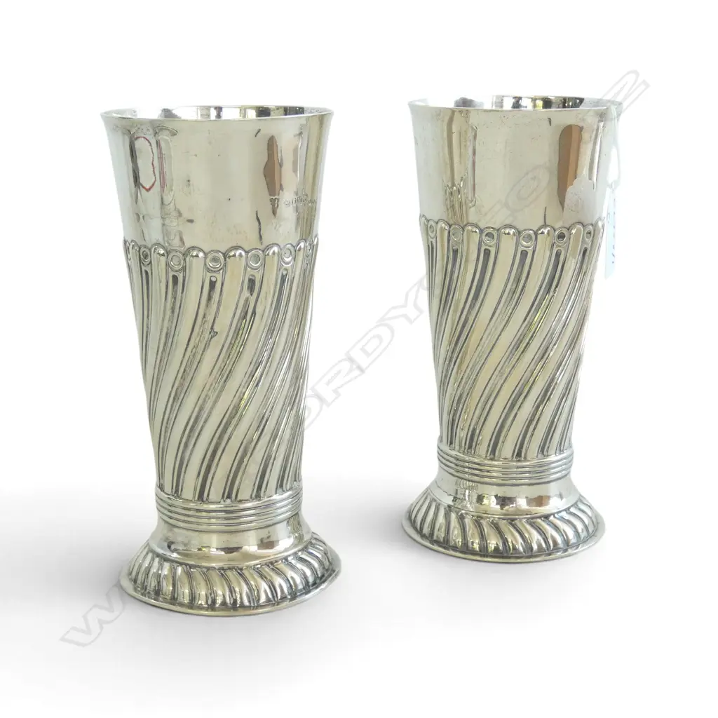 PAIR VICTORIAN LONDON 1887 SILVER SPIRAL FLUTED BEAKER VASES, 423gms, Dia.85mm H.180mm Image 1++