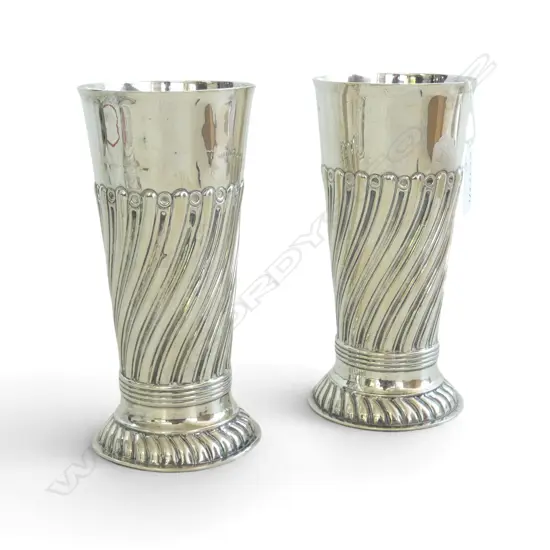 PAIR VICTORIAN LONDON 1887 SILVER SPIRAL FLUTED BEAKER VASES, 423gms, Dia.85mm H.180mm