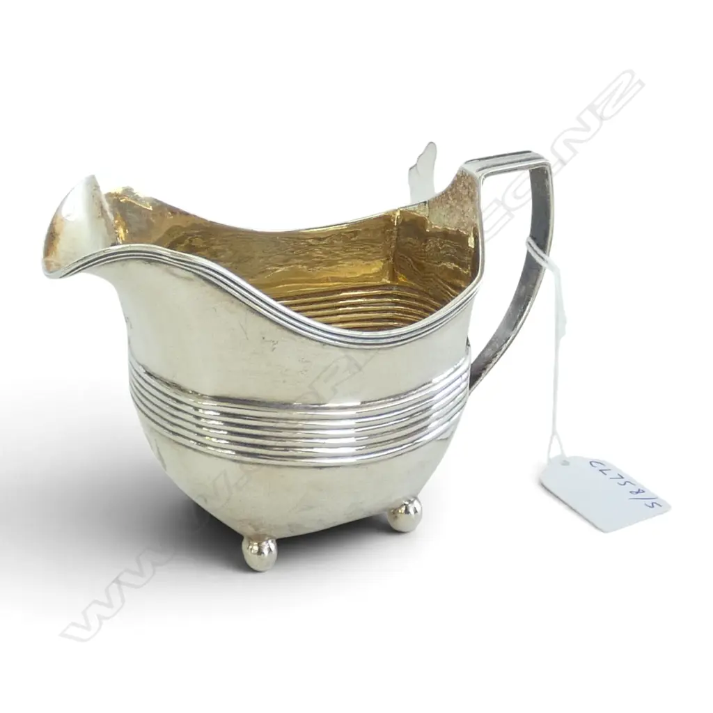 GEO III LONDON 1805 SILVER CREAM JUG, FOUR BALL FEET, GILT INTERIOR, w. AMORIAL, 156gms, W.70mm L.132m H.95mm Image 1++