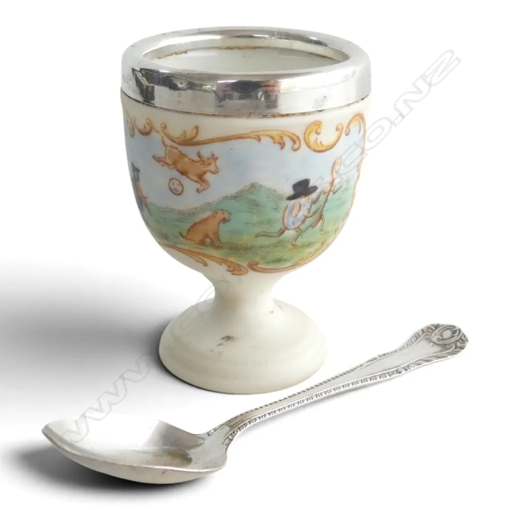 STG SILVER RIM ‘HEY DIDDLE’ EGG CUP & STG SPOON BIRM 1907 IN CASE Image 1++