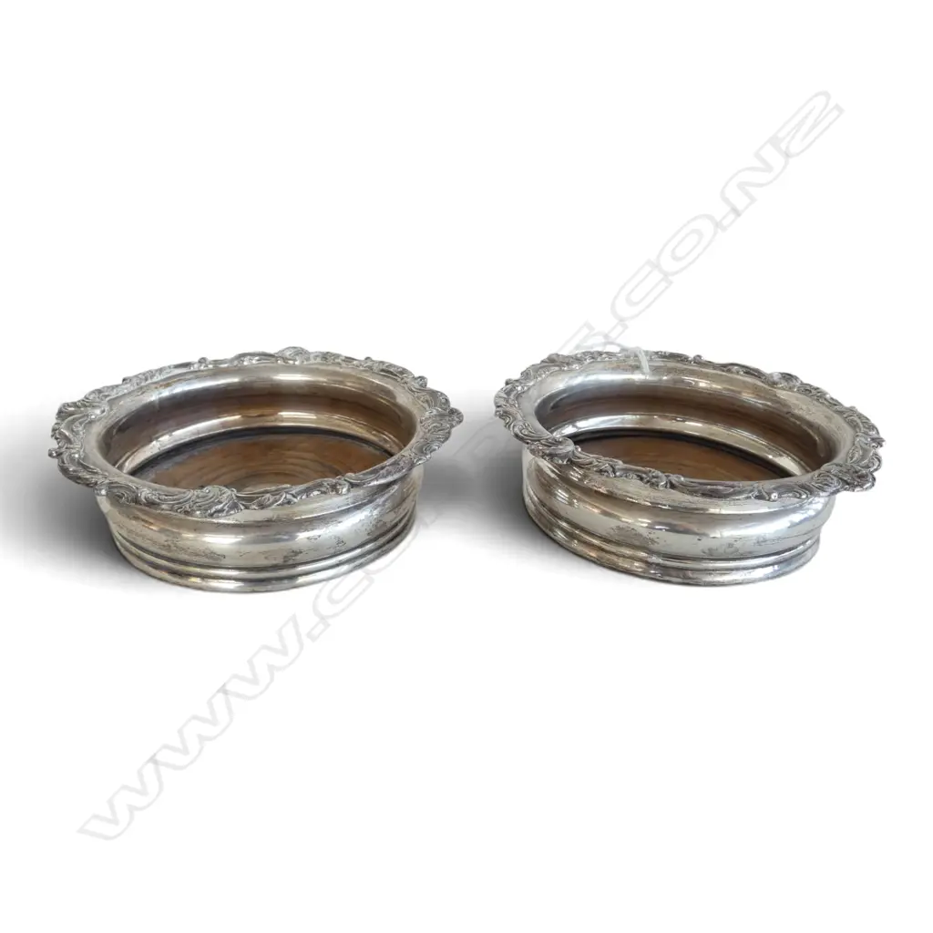PR LARGE VICTORIAN OLD SHEFFIELD PLATE FANSY WINE COASTERS turned wooden bases. Dia.175mm. Image 1++