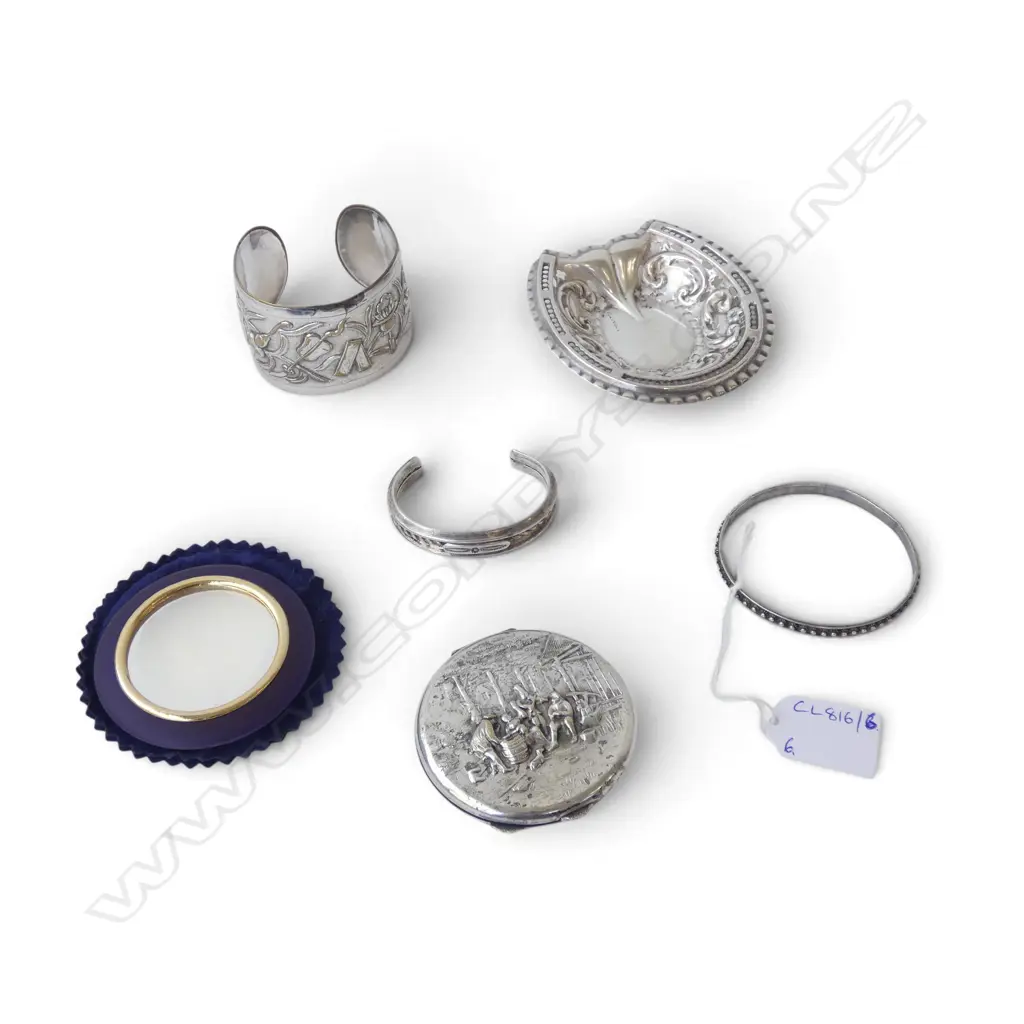 3 PCES 925 SILVER (BANGLE, BRACELET & DISH 73gms) + PLATED CUFF, COMPACT & MIRROR Image 1++