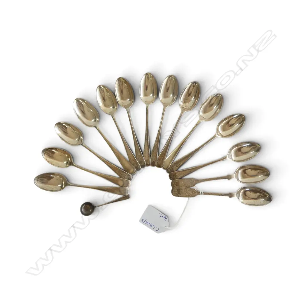 14 STG SILVER TEAPSOONS + MUSTARD SPOON, 248gms Image 1++