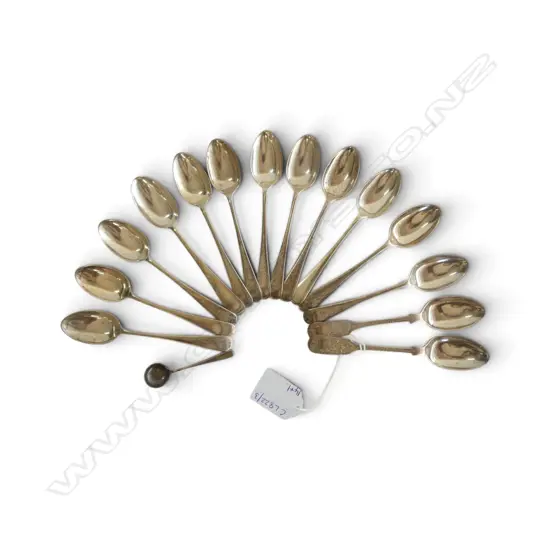 14 STG SILVER TEAPSOONS + MUSTARD SPOON, 248gms