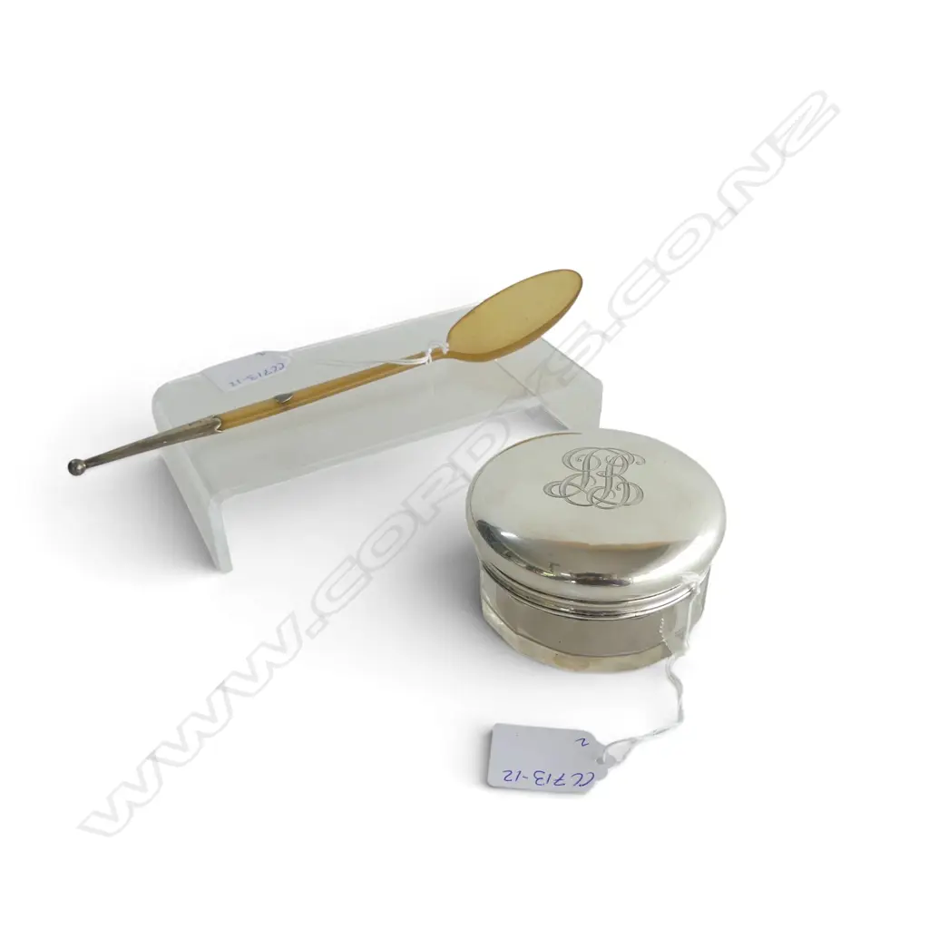 CRYSTAL CONTAINER w. STG SILVER TOP cork seal, LONDON 1909 + CARVED HORN SPOON w. STG FITTINGS L.220mm Image 1++