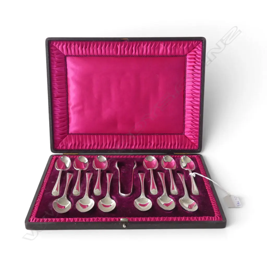 12 STG SILVER TEASPOONS + TONGS, SHEFFIELD 1900, CASED 357gms Image 1++