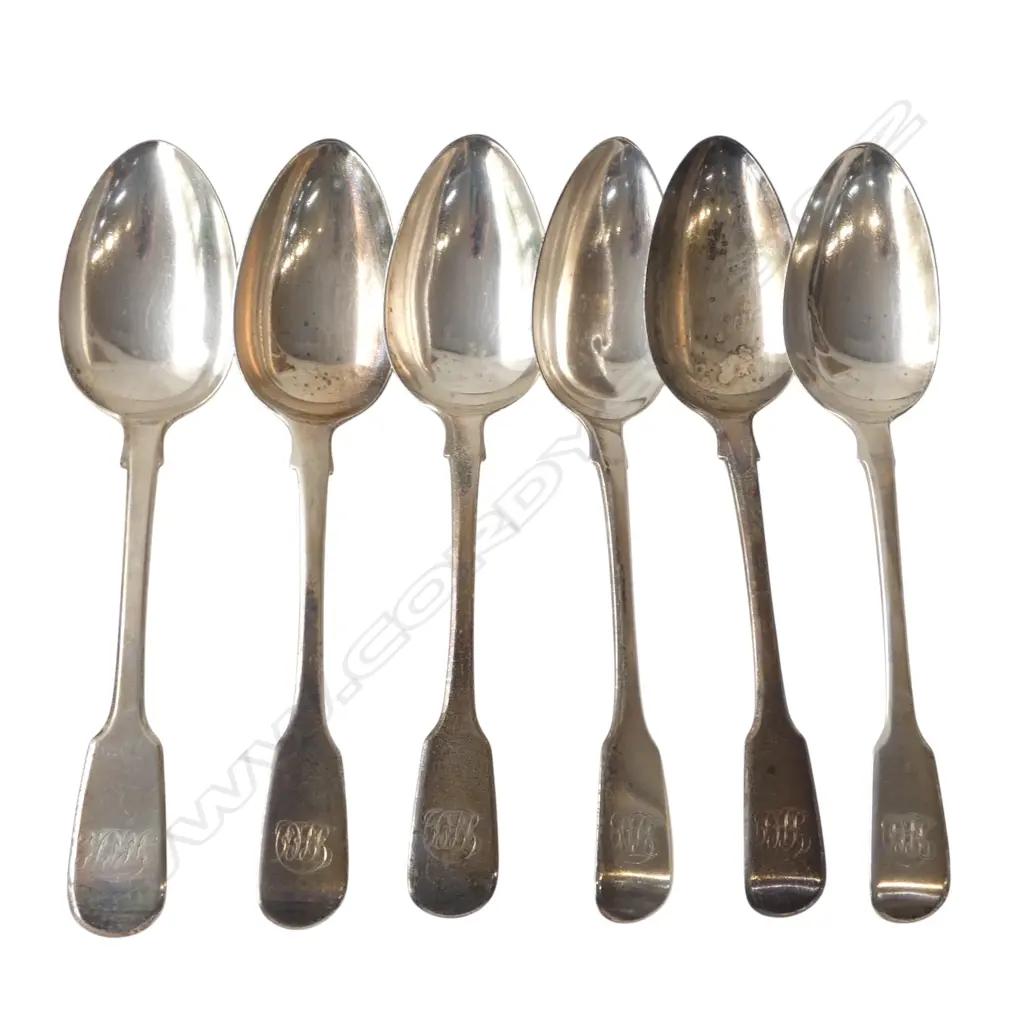 6 (5 + 1) SILVER FIDDLE PATTERN DESSERT SPOONS. 5 x London 1816 + other. 258.6gms Image 1++