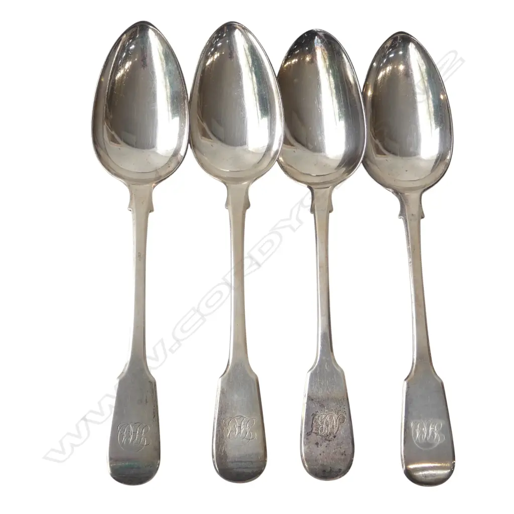 4 GEORGE III / IV SILVER TABLE SPOONS fiddle pattern London 1816 etc. 303gms Image 1++