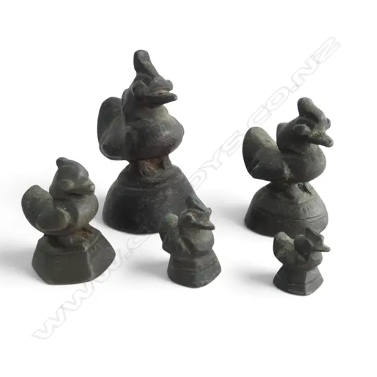 5 ANTIQUE BRONZE BURMESE OPIUM WEIGHTS H.70mm