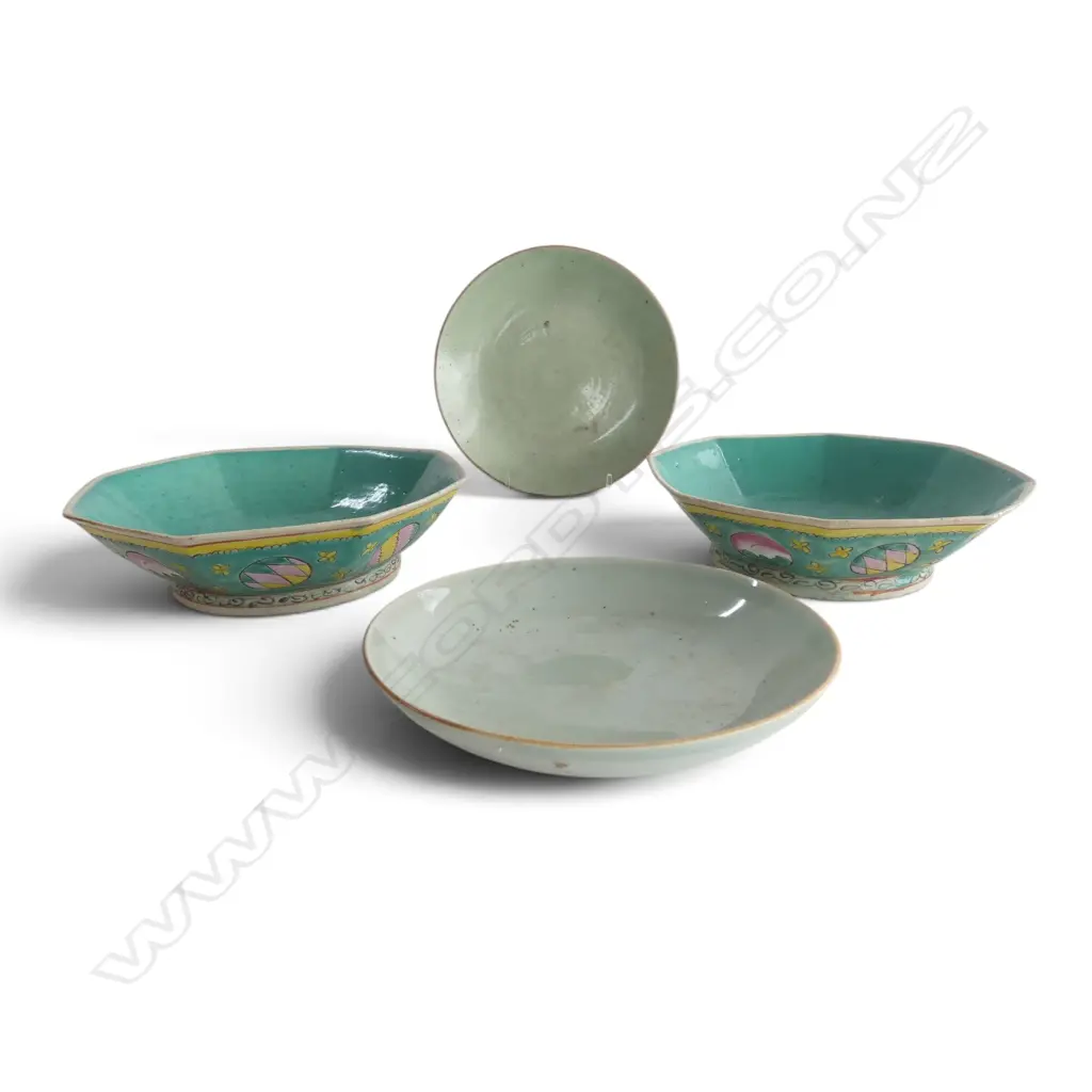 2 ORIENTAL CELADON PLATES + PR BOWLS 200mm dia Image 1++