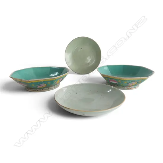 2 ORIENTAL CELADON PLATES + PR BOWLS 200mm dia