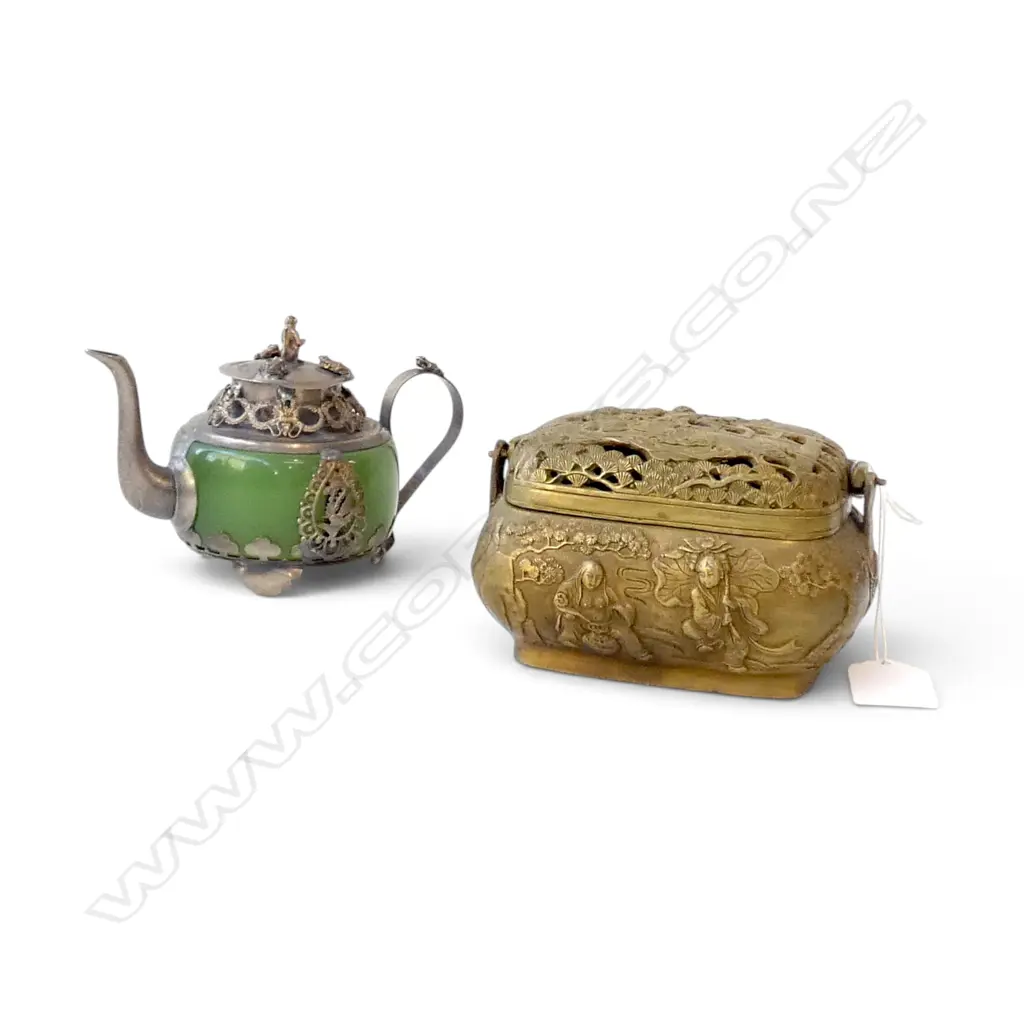 ORIENTAL BRASS LIDDED INCENSE BURNER W.120mm + JADE? MINI TEAPOT Image 1++