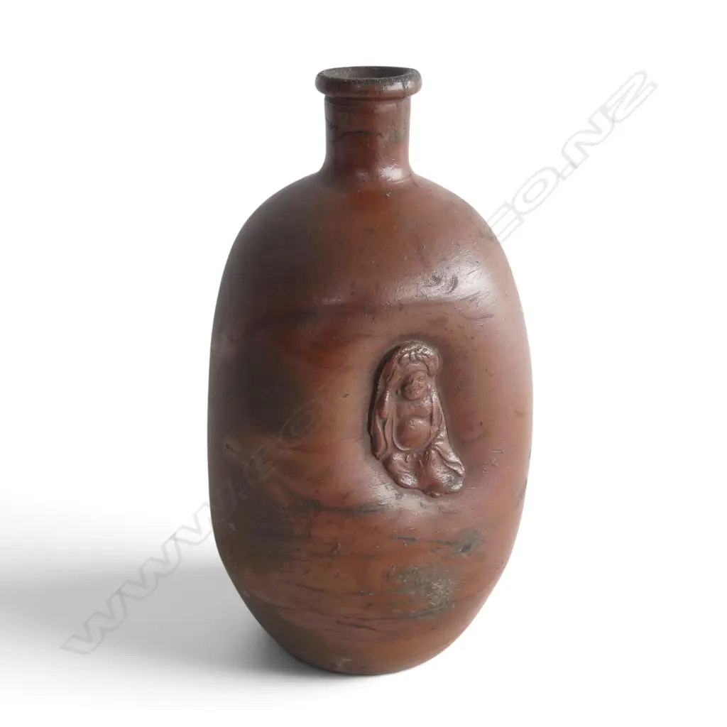 19thC JAPANESE BIZEN WARE SAKE BOTTLE w Hotei Buddha in relief, maker's mark to side, H.200mm Image 1++