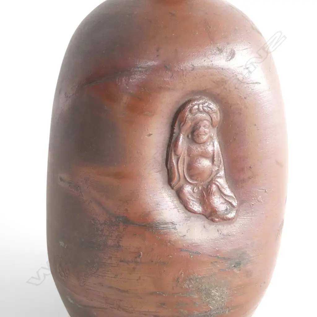 19thC JAPANESE BIZEN WARE SAKE BOTTLE w Hotei Buddha in relief, maker's mark to side, H.200mm Image 1++