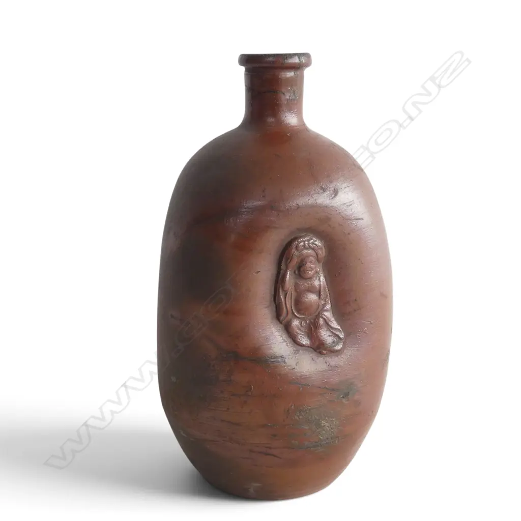 19thC JAPANESE BIZEN WARE SAKE BOTTLE w Hotei Buddha in relief, maker's mark to side, H.200mm Image 1++