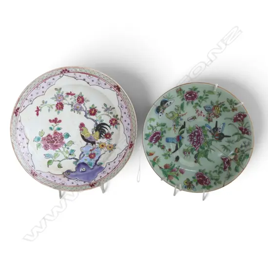 2 ORIENTAL PLATES, 1 REPAIRED 215mm dia