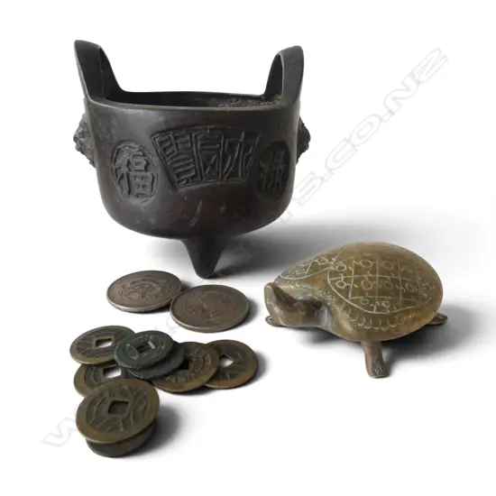 ORIENTAL BRONZE INCENSE BURNER H.120mm + COINS & BRASS TURTLE
