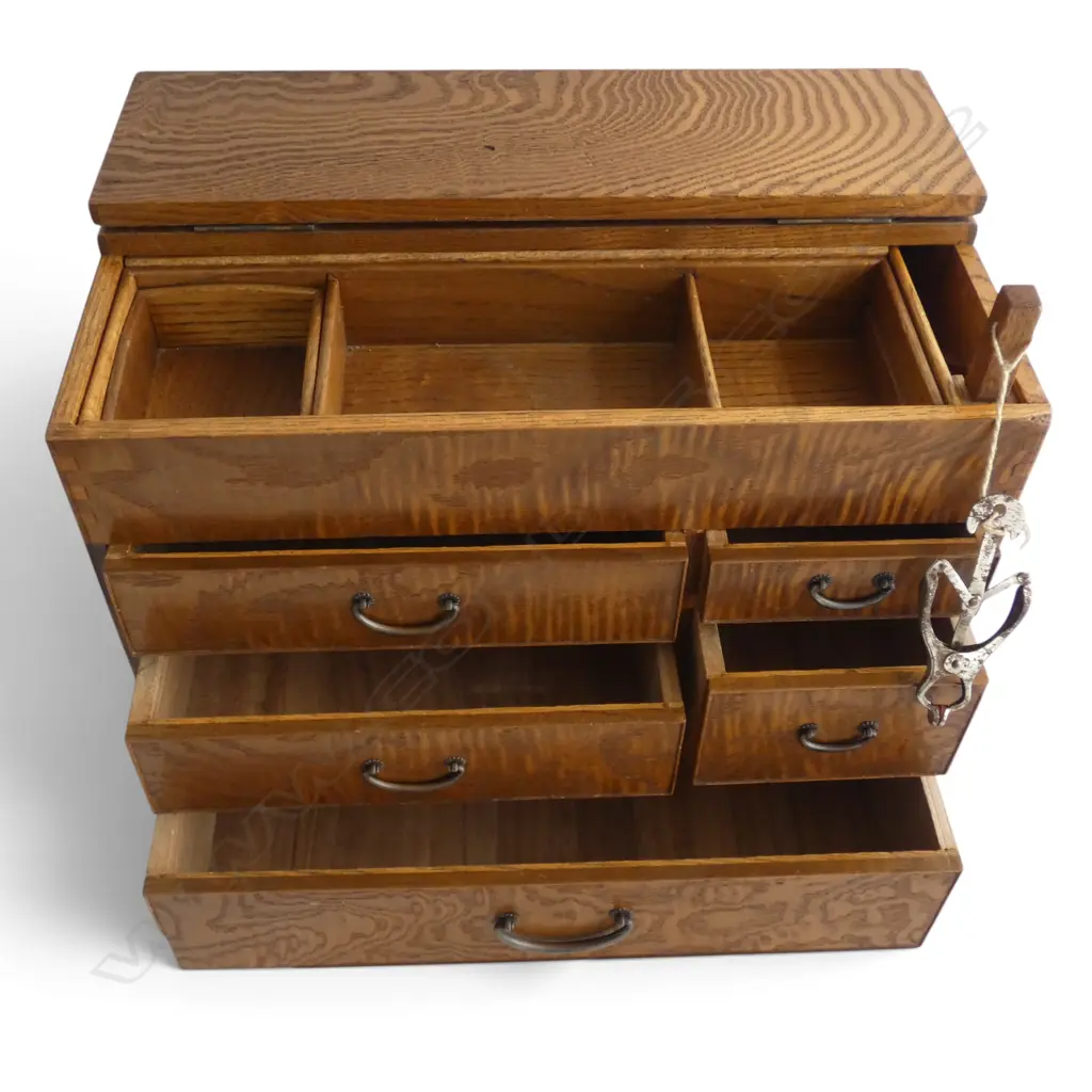 QUALITY VINTAGE JAPANESE SEWING CABINET fitted hinged lid + drawers w ruler . Exotic wood. 300 x 200 x 260mm Image 1++