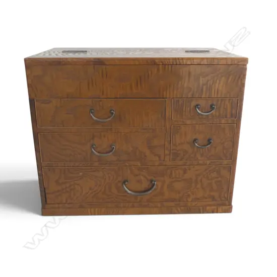 QUALITY VINTAGE JAPANESE SEWING CABINET fitted hinged lid + drawers w ruler . Exotic wood. 300 x 200 x 260mm