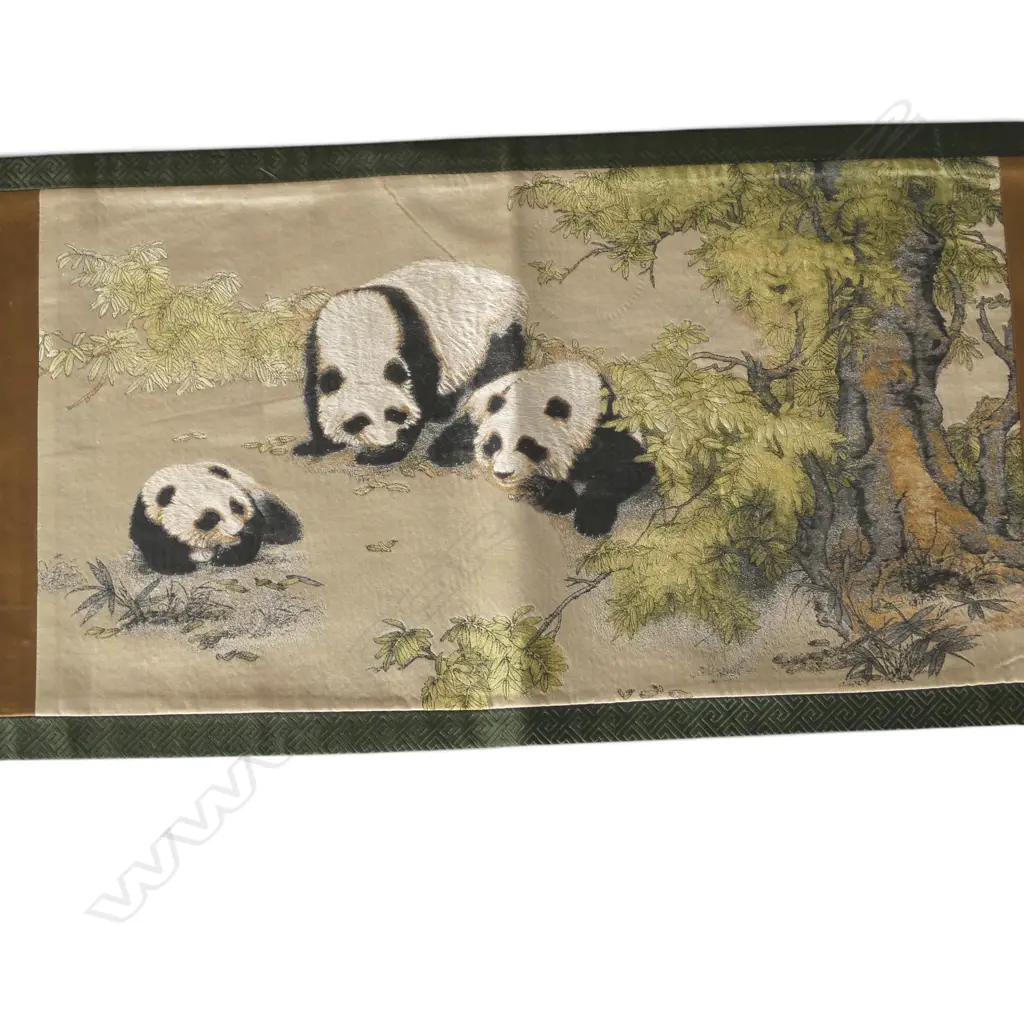 CHINESE PANDA EMBROIDERED PATTERNED SILK CLOTHE with black backing. L.1970 X W.340mm.  Image 1++
