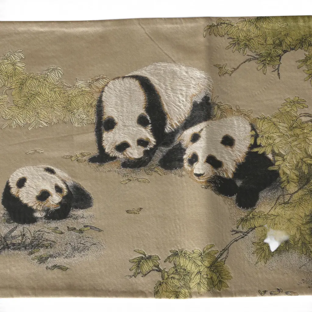 CHINESE PANDA EMBROIDERED PATTERNED SILK CLOTHE with black backing. L.1970 X W.340mm.  Image 1++