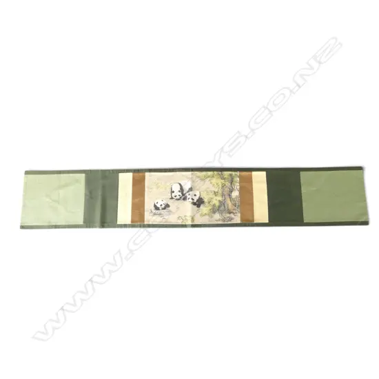 CHINESE PANDA EMBROIDERED PATTERNED SILK CLOTHE with black backing. L.1970 X W.340mm. 