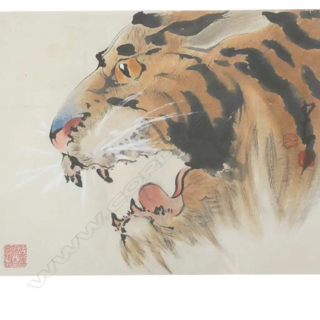 ORIENTAL WATERCOLOUR OF A TIGER by CHA SHAU-ANG Hongkong. 290 x 355mm Image 1++