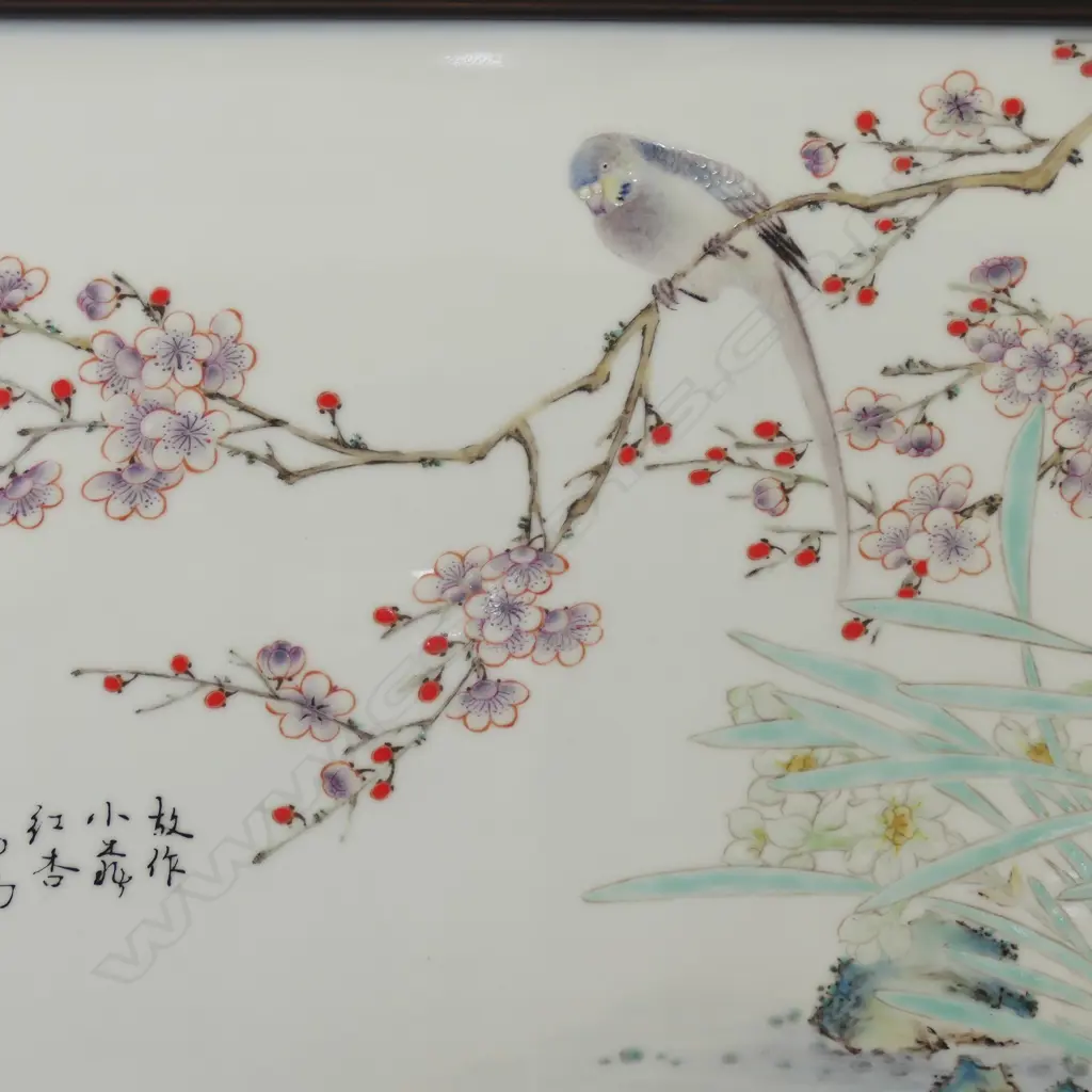 ORIENTAL CERAMIC PLAQUE ARTWORK; BUDGIE PARROT ON BLOSSOM BRANCH 265x415mm Image 1++