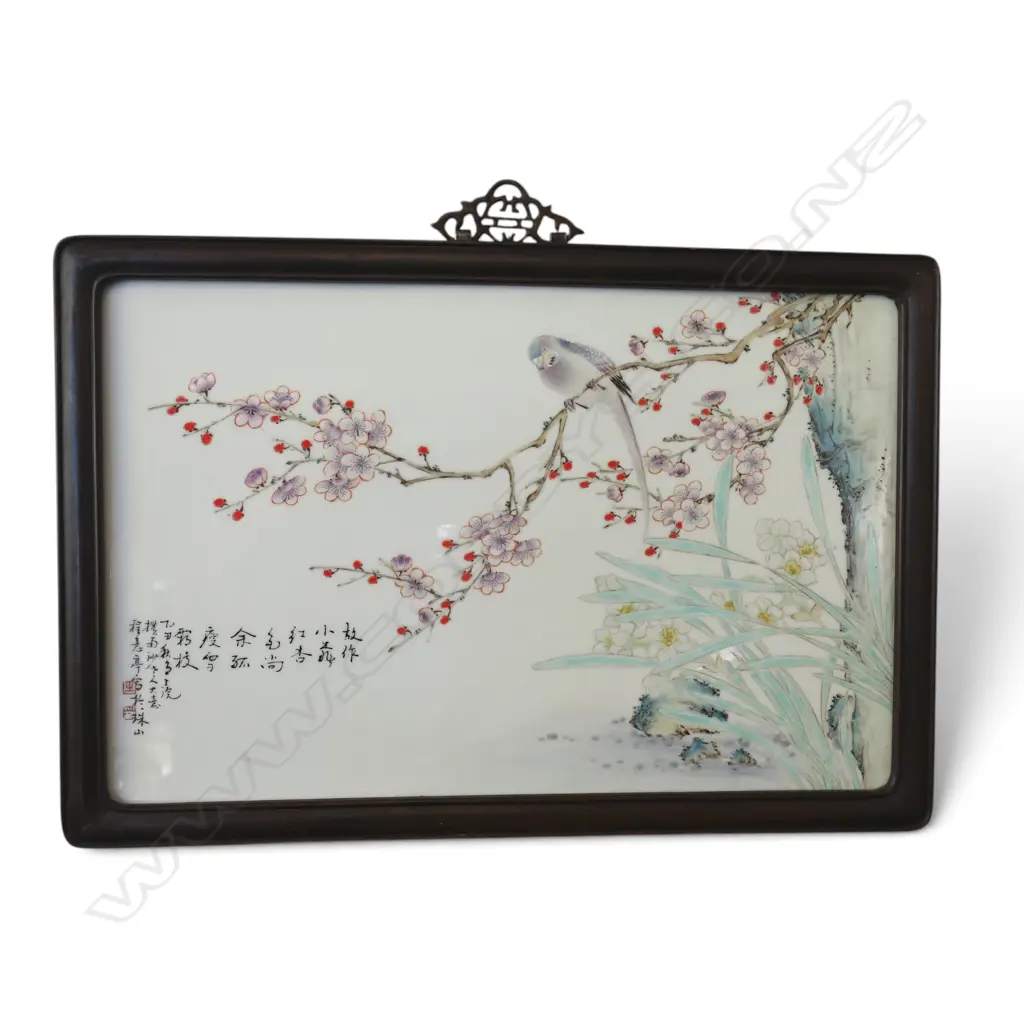 ORIENTAL CERAMIC PLAQUE ARTWORK; BUDGIE PARROT ON BLOSSOM BRANCH 265x415mm Image 1++