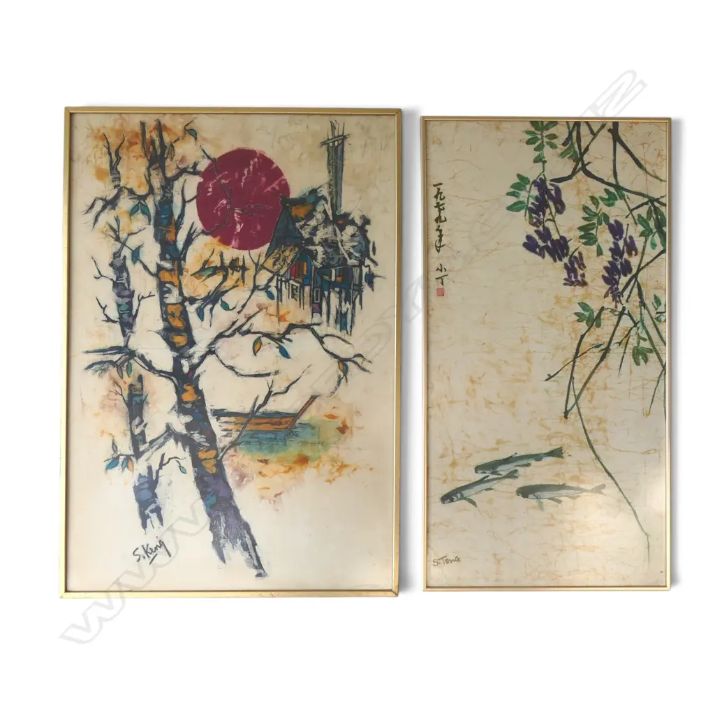 2 ORIENTAL WATERCOLOURS ON CLOTH, UNTITLED, SIGNED S. KENG & S. TENG 900x610mm Image 1++