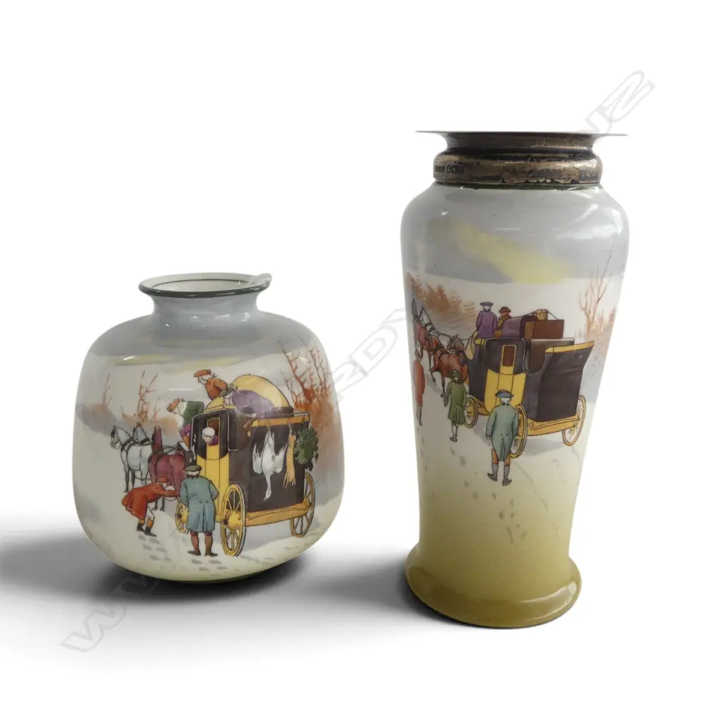 2 ROYAL DOULTON COACHING DAYS VASES in rare winter colours 1905-1906, 1 w SILVER RIM, H.150/100mm Image 1++