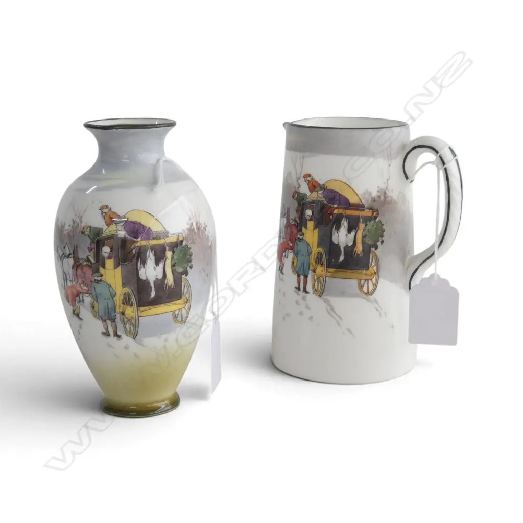 ROYAL DOULTON COACHING DAYS JUG & VASE in rare winter colours 1905-1906, H.130mm Image 1++