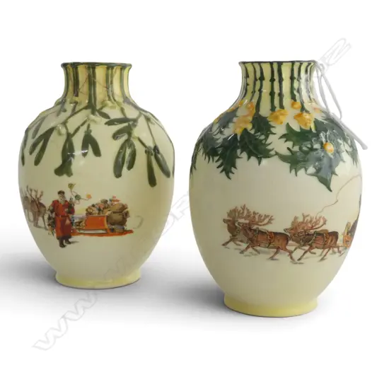 2 ROYAL DOULTON SML CHRISTMAS WARE VASES, H.120mm, 1 neck repair