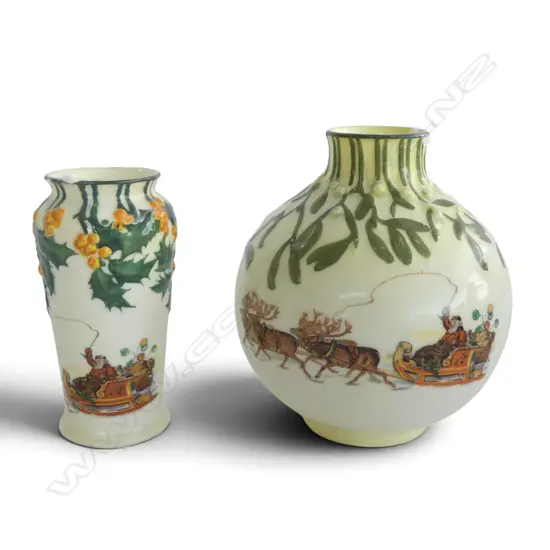 2 ROYAL DOULTON CHRISTMAS SERIES SML VASES, H90/105mm, 2cm hairline to smallest
