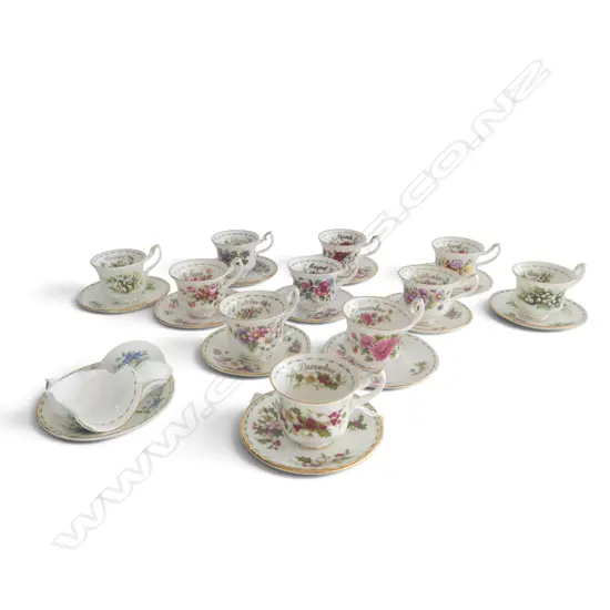 12 ROYAL ALBERT 'FLOWER OF THE MONTH' MINIATURE CUPS & SAUCERS 1970, July Cup Broken, Dia.75mm (saucer)