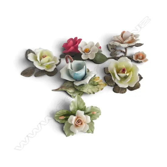 6 CAPODIMONTE ITALIAN PORCELAIN FLOWERS, SOME FAULTS, L.90MM-150MM