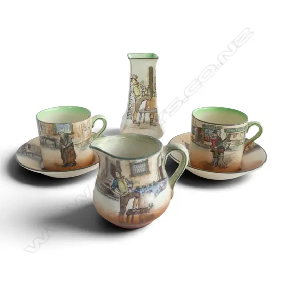 4 PCS ROYAL DOULTON DICKENS WARE; 2 COFFEE C/S, SML JUG & VASE, H.55/60/110mm