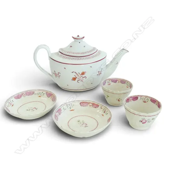 ANTIQUE LATE c.18thC TEAPOT & 2 EARLY NEWHALL? ENGLISH TEABOWLS & SAUCERS hairlines