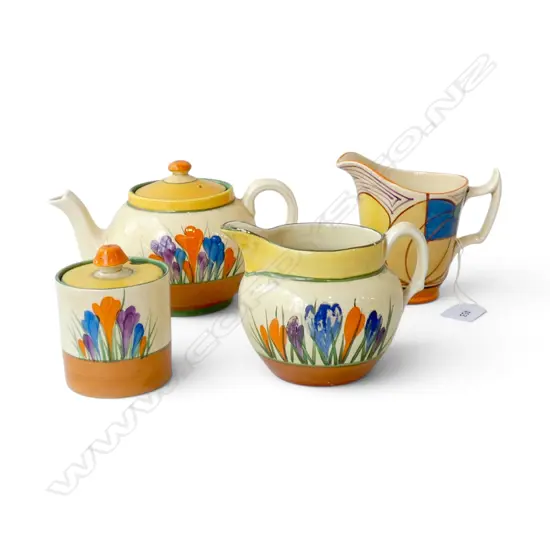 4 PCES CLARICE CLIFF; CROCUS TEAPOT, LIDDED SUGAR, MILK JUG + FANTASQUE JUG H.105mm HAIRLINE