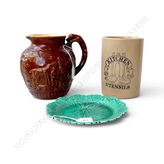 3 CERAMIC ITEMS: HUNTING JUG IN BROWN GLAZE + WEDGWOOD green leaf plate + 'KITCHEN UTENSIL' POT 